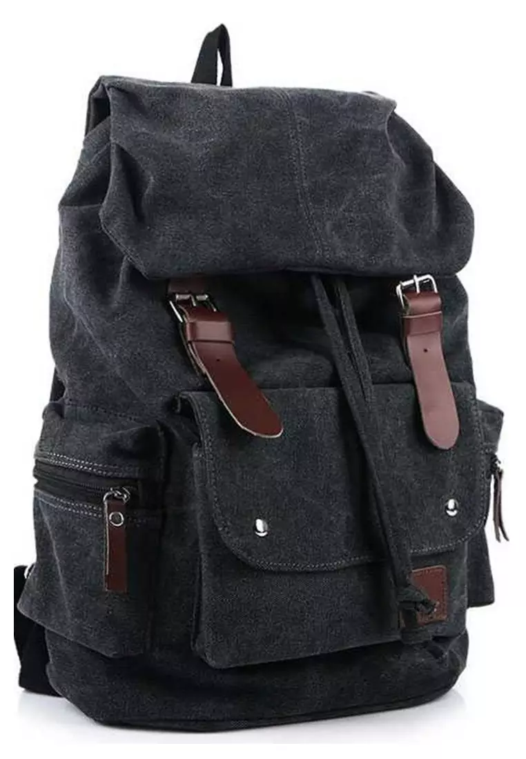 Doomb Backpak Tas Ransel Pria Wanita Desain Retro Vintage Large Compartment Material Canvas ORIGINAL - Black