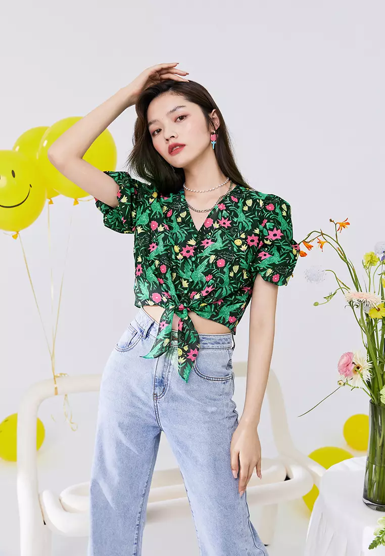 Floral Cropped Top with Waist Tie