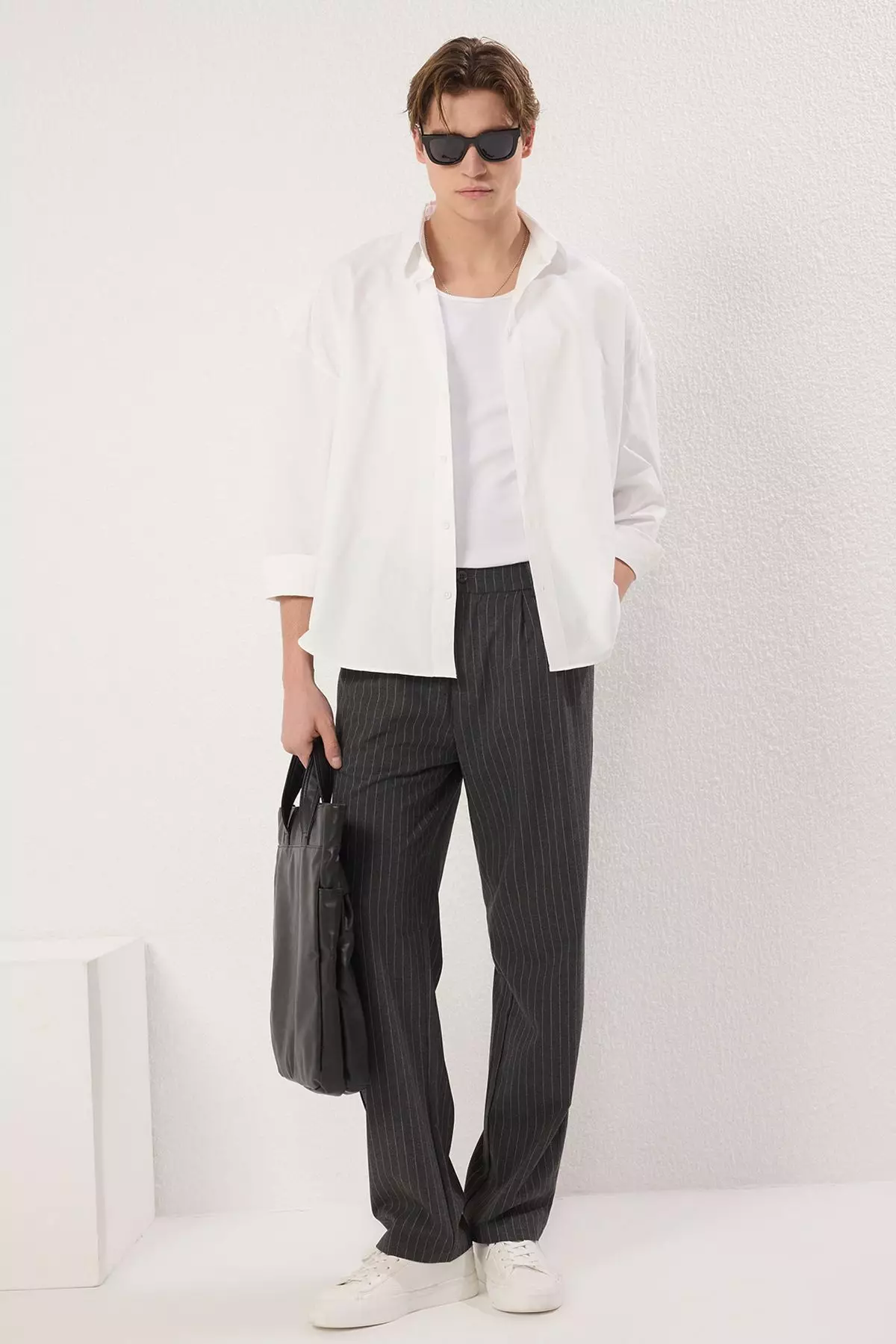 Anthracite Striped Pleated Classic Baggy Fit Fabric Trousers TMNSS24PL00024