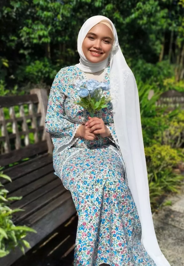 Teal Puff Sleeve Floral Modern Kebaya Kurung Hari Raya