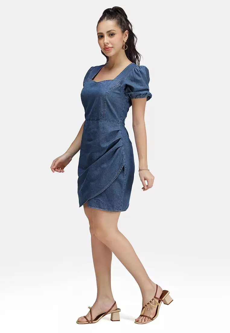 VIRGIO 100% Cotton Denim Pleated Mini Dress
