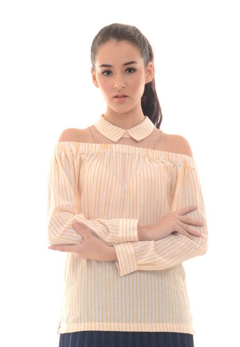 Stripe blouse off shoulder with tile combination