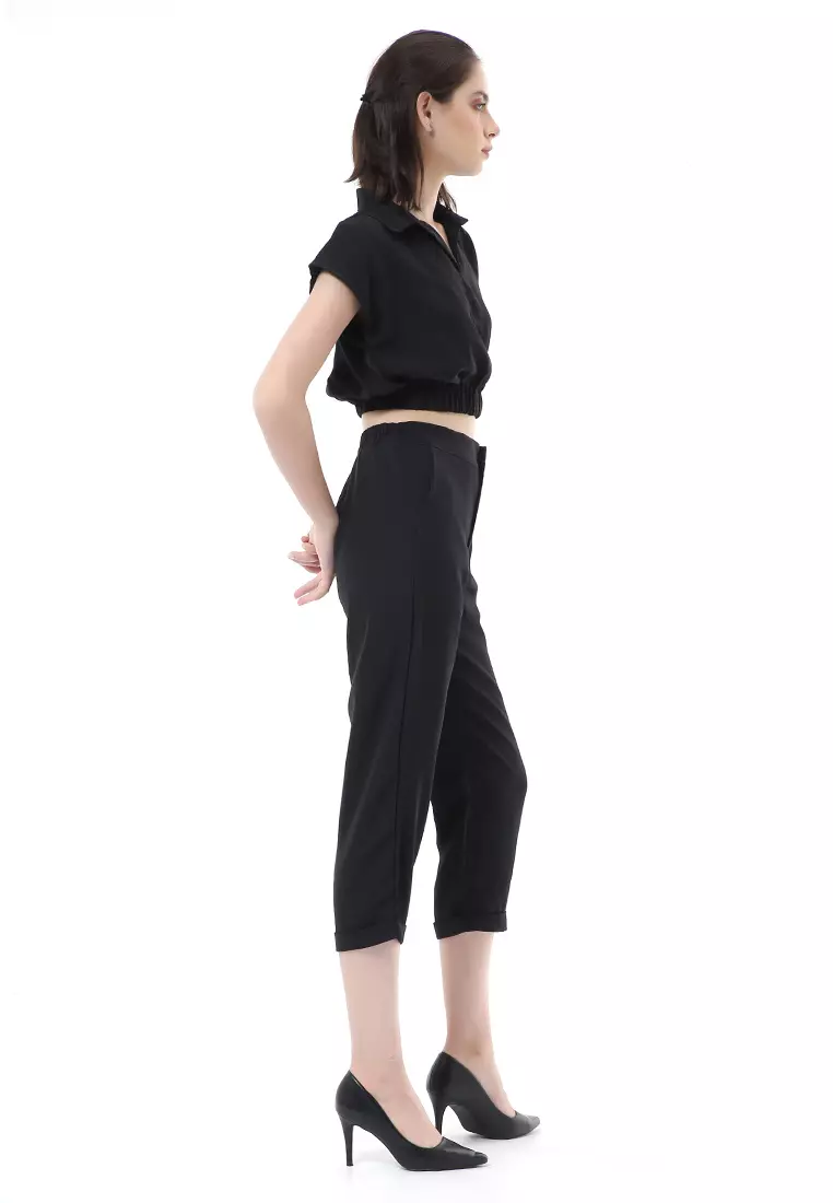 Nayra One Set Setelan Atasan Crop Karet Lengan Pendek Basic Pants Wanita Material Dolce ORIGINAL - Black