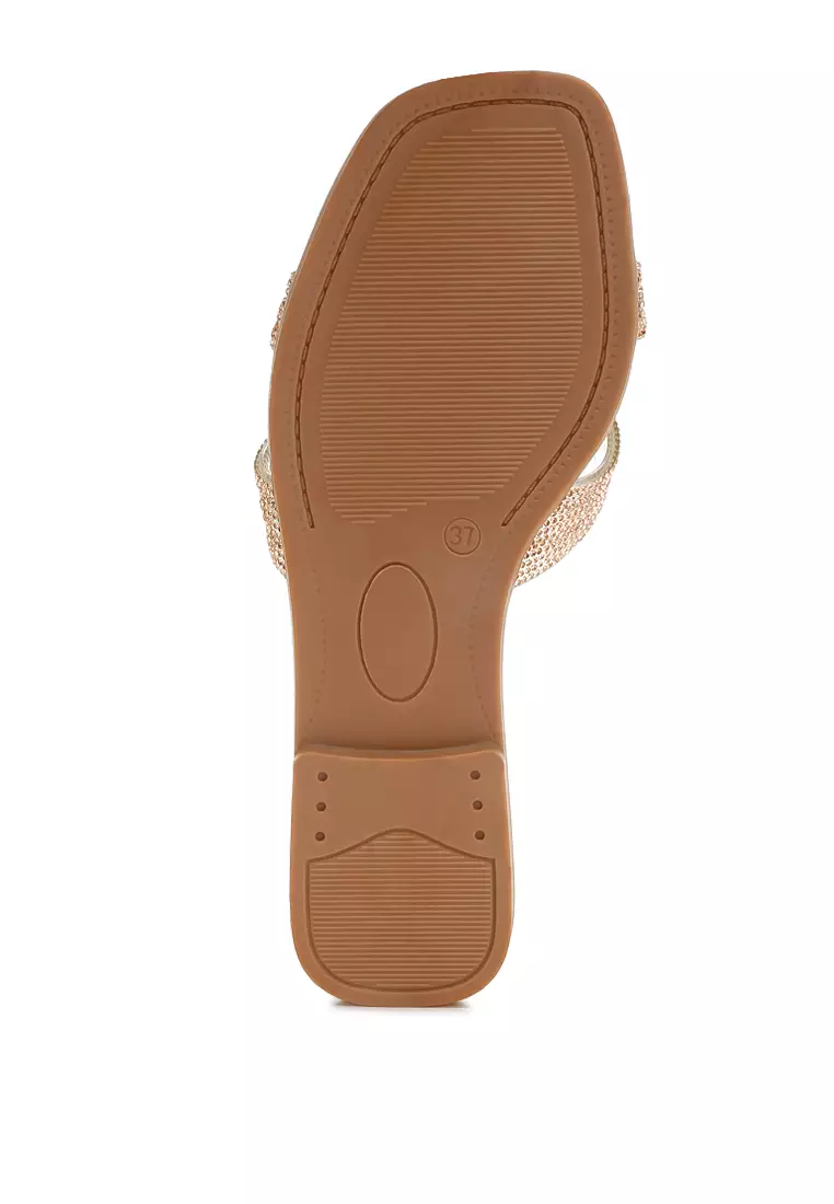 玫瑰金水鑽裝飾平底涼鞋