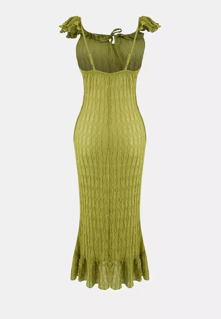 Oil Green Knitted Maxi Ruffled Sheer Beach Dress Tbess26El1