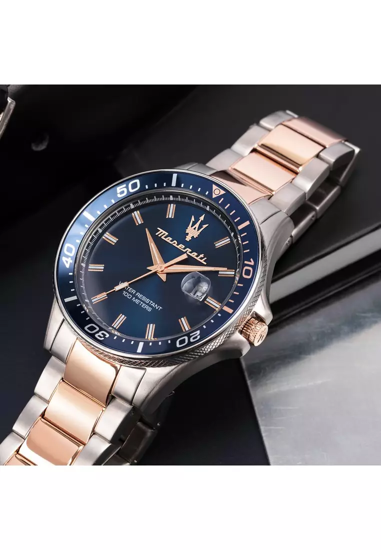 【2 Years Warranty】Maserati Sfida 44mm Silver Rose Gold Stainless Steel Men's Quartz Watch R8853140003 With Luminous Dial Hands