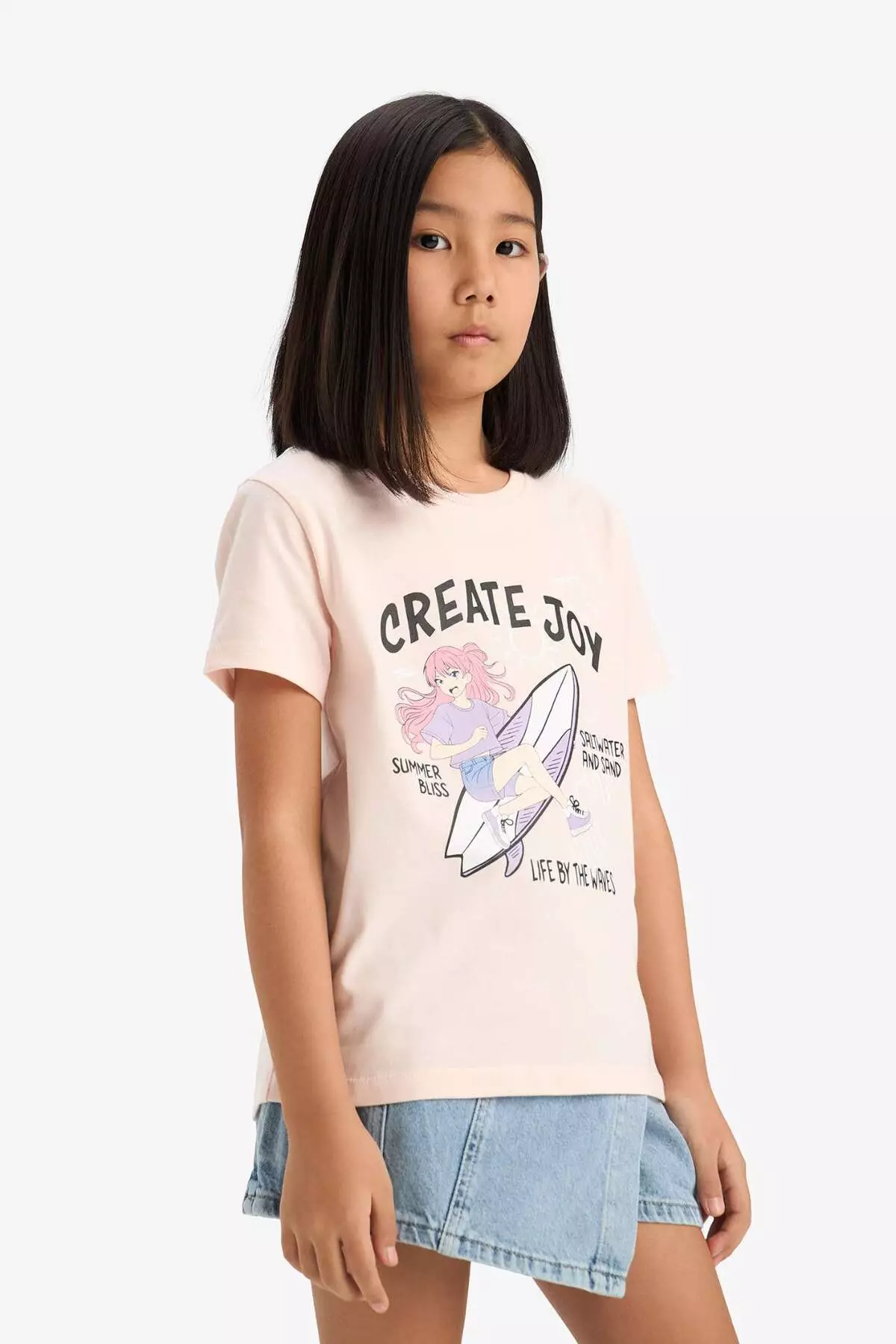 Girl's Crew Neck Anime Printed Short Sleeve T-Shirt E0350A825Sm