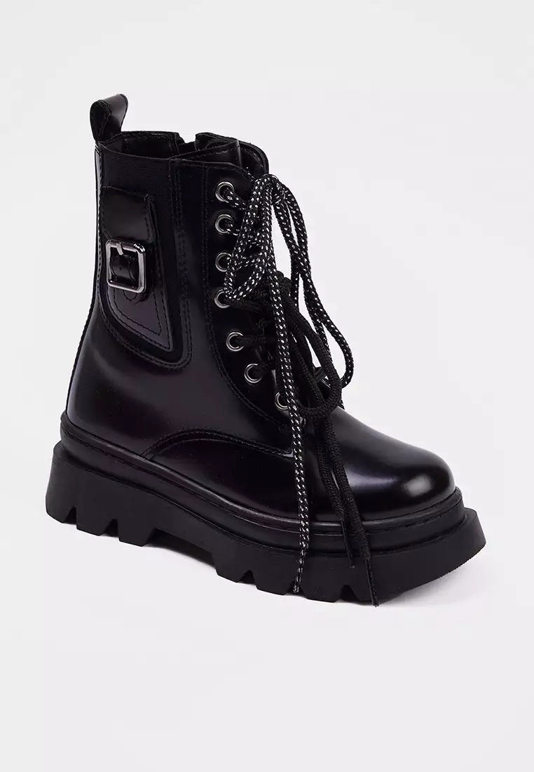 Black Zipper Detailed Double Color Laced Big Girls Kids Boots Takaw26Bo00011