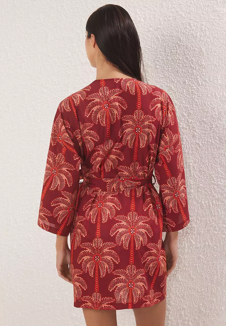 Palm Pattern Woven Midi 100% Cotton Beach Kimono&Kaftan Tbess25Km00029