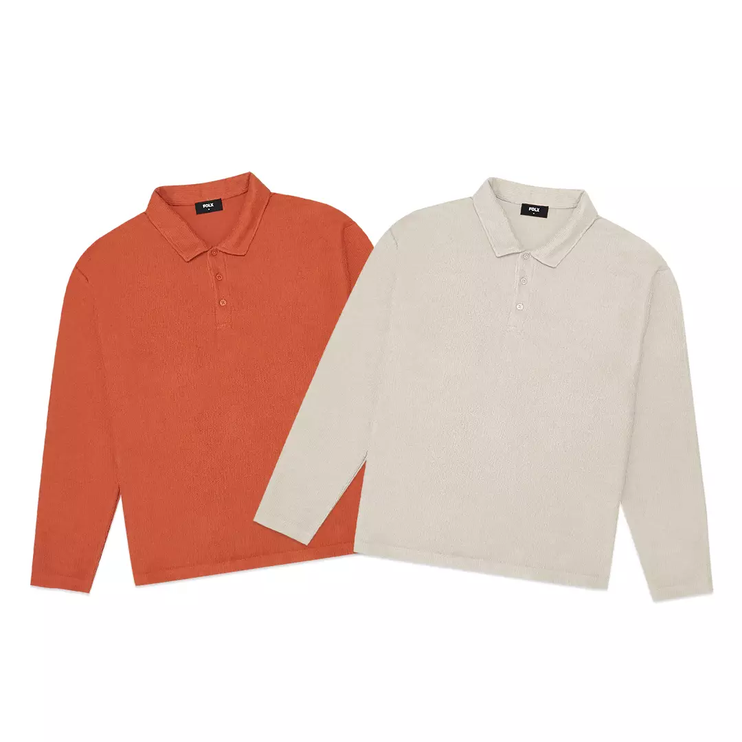 Vertical Texture Long Sleeve Polo Shirt Coral Red