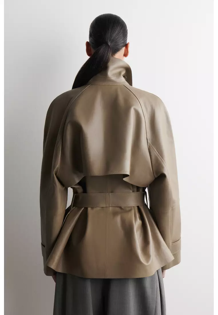FUNNEL-NECK LEATHER SHORT TRENCH JACKET