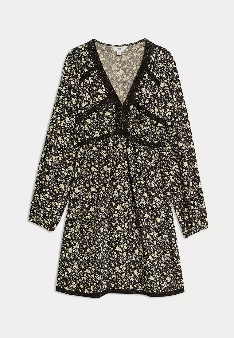 Printed Lace Insert Mini Waisted Dress