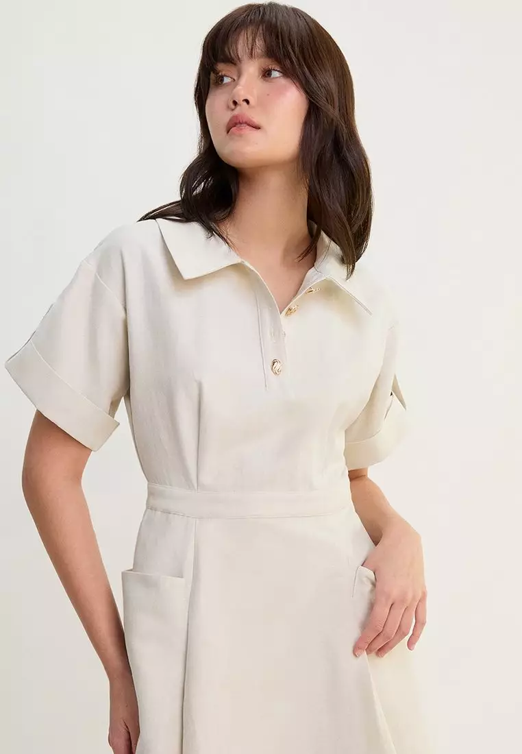 Button Front Collared Midi Dress - Ivory