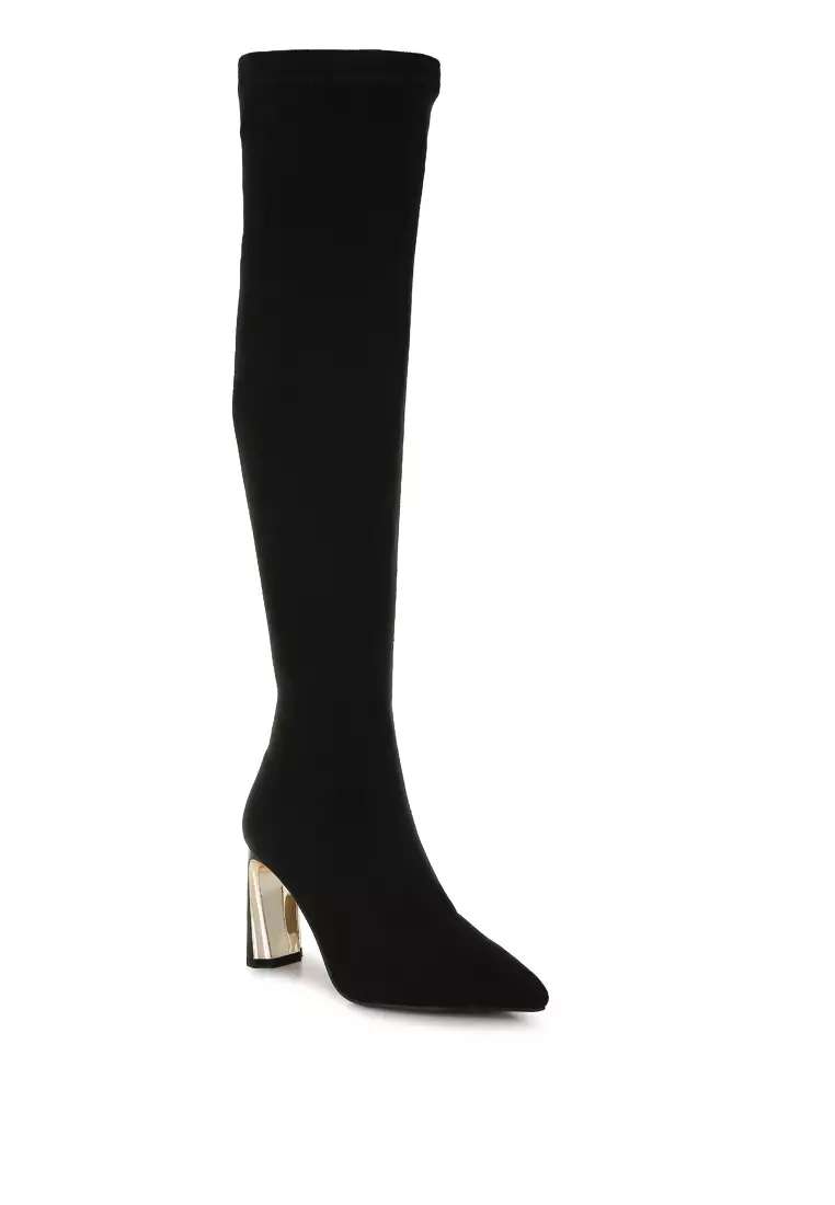 Black Slim Block Heel Long Boots