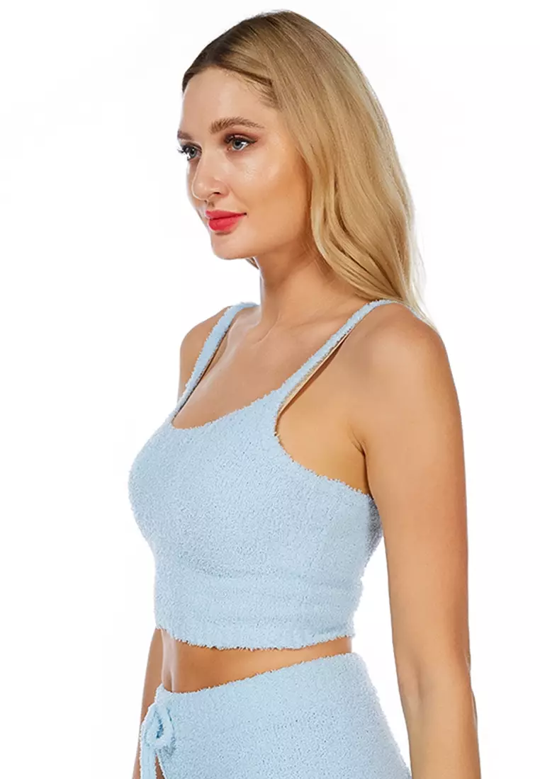 Atas Spaghetti rajutan dengan warna biru