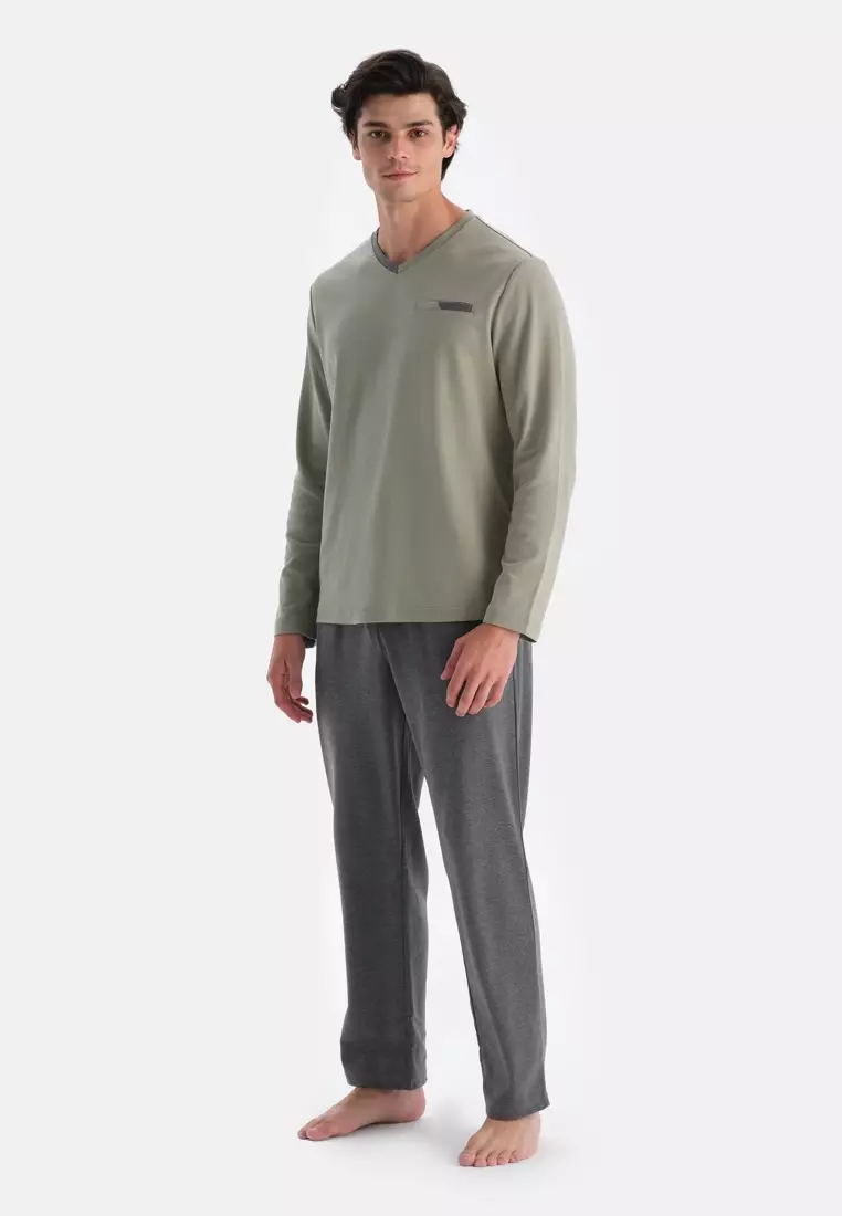 【新品】GREEN CLOTHING REGULAR INNER DAGİ Light Green T-Shirt & Trousers Set, V-Neck, Regular Fit