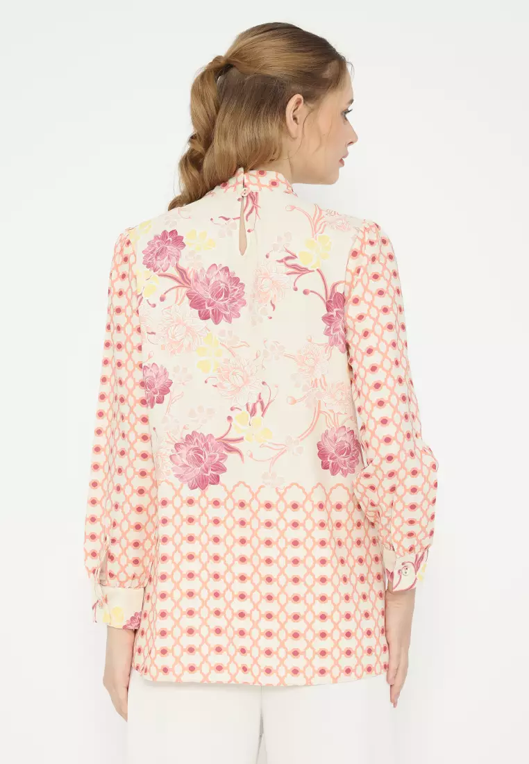 Sunset Floral Blouse With Tape Detail By Brilliant Girl Warna CREAM