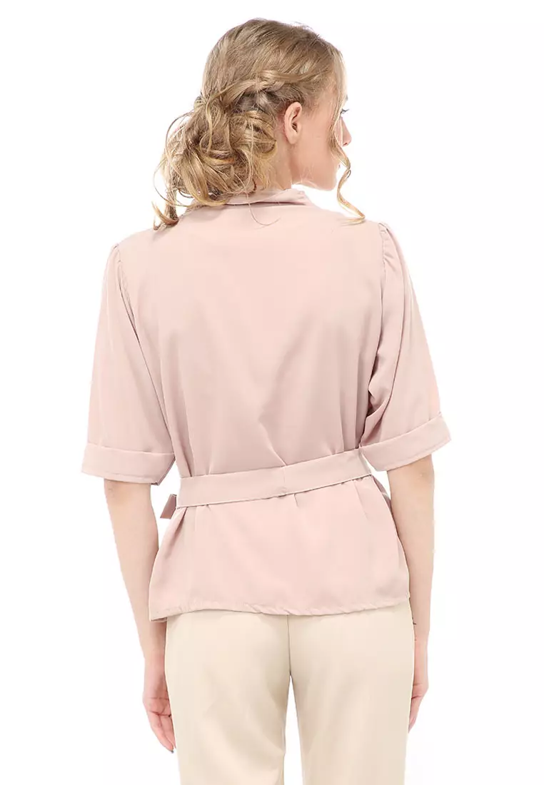 Cheva Blouse Atasan Wanita Kasual Model Tali Ikat Pinggang Material Wolfis ORIGINAL - Cream