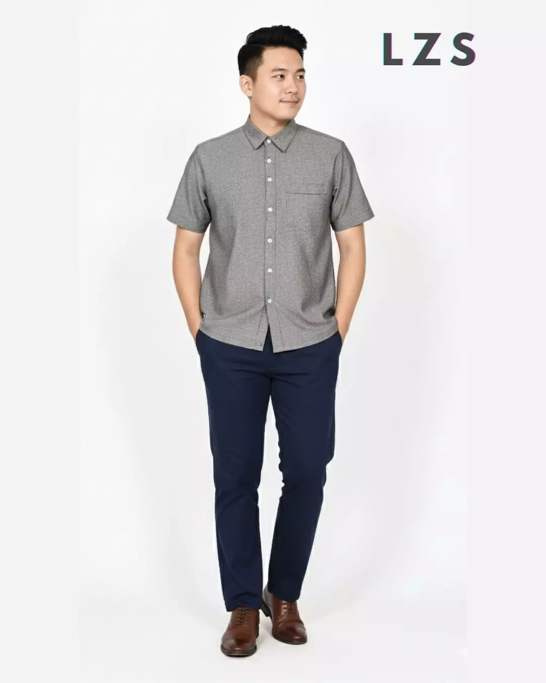 Zicho Shirt - Kemeja Cotton Lengan Pendek Polos - ABU Reguler Fit Pria