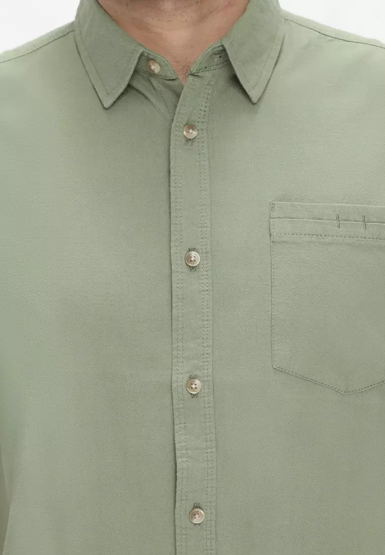 POLICE Kemeja Polos Cotton Hijau Regular Fit Pria