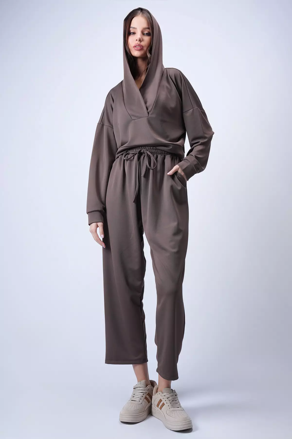 Women'S Bitter Brown Hooded Double-Breasted Collar Loose Fit Transitional Bottom Top Set Alc-X13268
