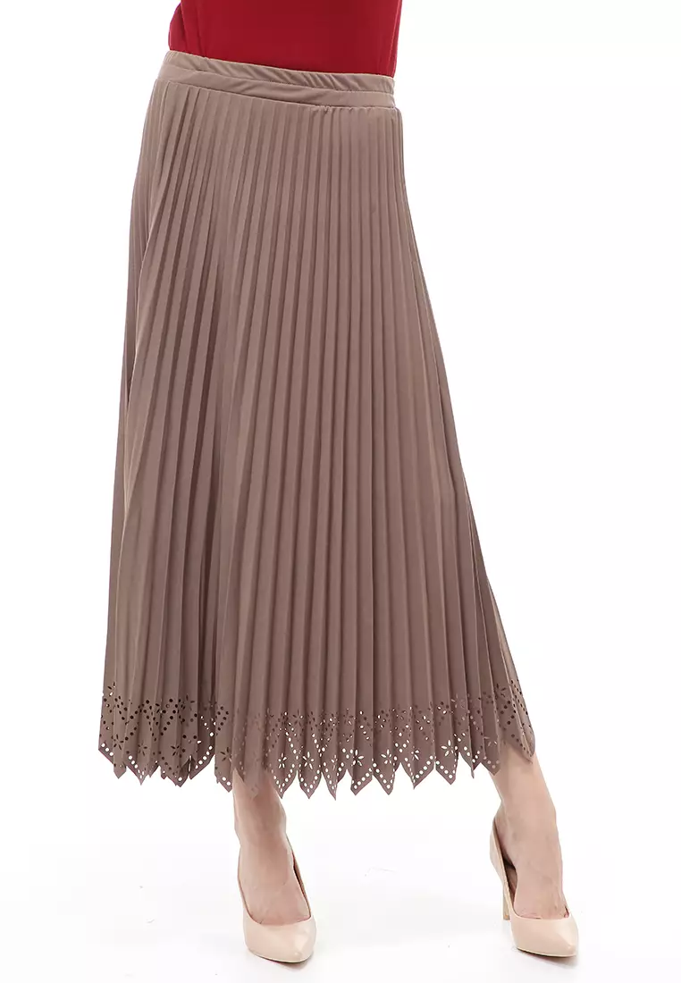 Syafira Rok Plisket Laser Polos Bawahan Wanita Muslimah Premium Quality - Mocca