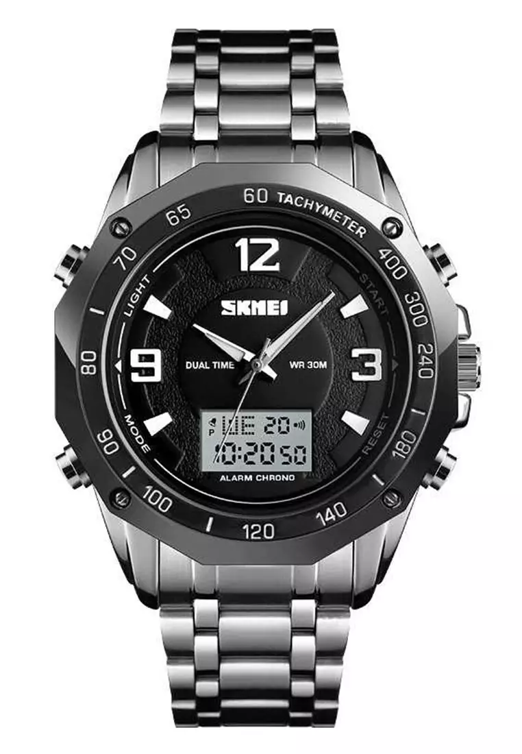 Jam Tangan Casual Digital Analog Pria Waterproof Strap Tali Material Stainless Steel WT56 ORIGINAL