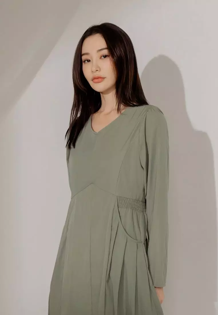 V-Neck A-Line Midi Dress with Waist Tie and Pockets [DA10269]