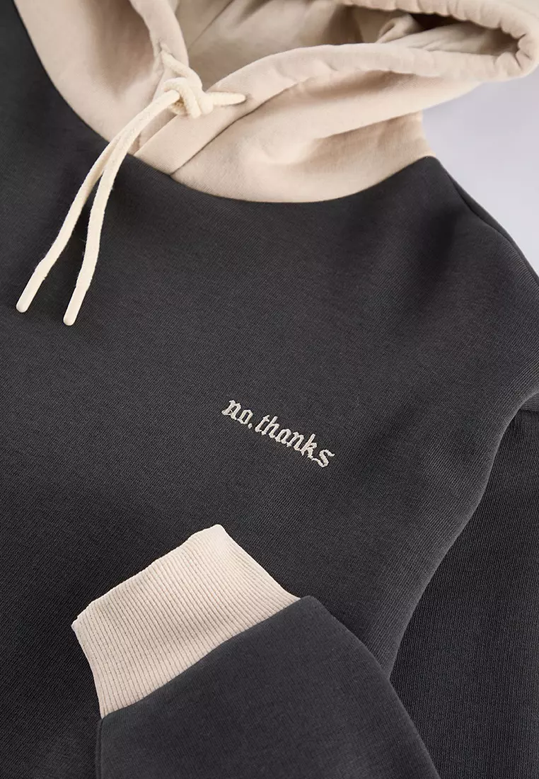 Anthracite Oversize/Wide Cut Hooded Polar Fleece Inside Color Block Embroidered Sweatshirt TMNAW25SW00067