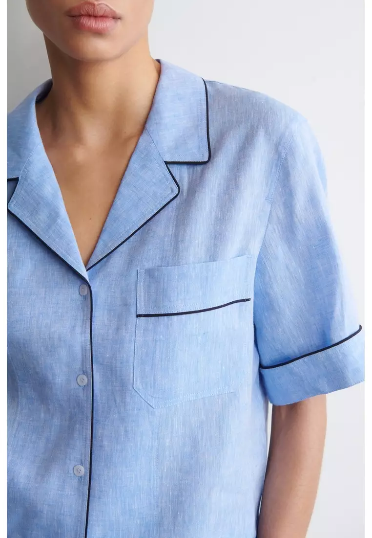 CONTRAST-PIPED LINEN RESORT SHIRT