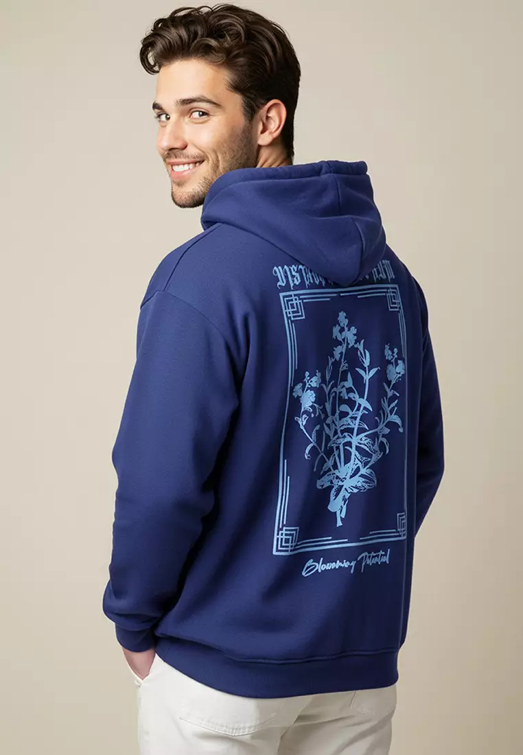 Navy Blue Oversize/Wide Cut Hooded Printed Fleece Inside/Warm Sweatshirt Tmnaw24Sw00100
