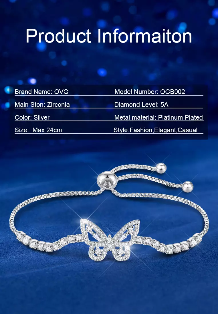 Gelang Wanita Original B002 Dilapisi Platinum Fashion Berlian Butterfly Style Perhiasan