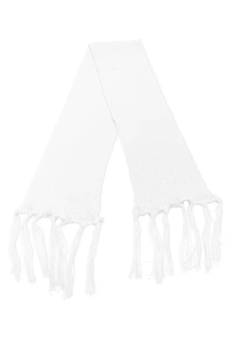 Syal Wanita Motif Polos Aksen Rumbai Shawl Rajut Lembut Fashion Women - Putih