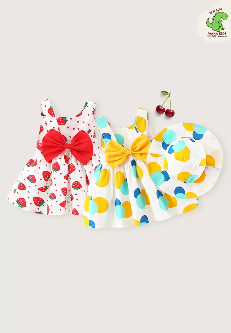 Wakakids Dress Bayi Anak Perempuan Set dengan Topi Motif Lucu Pita Full Printing Katun 4424 Venrz Cherry Pink