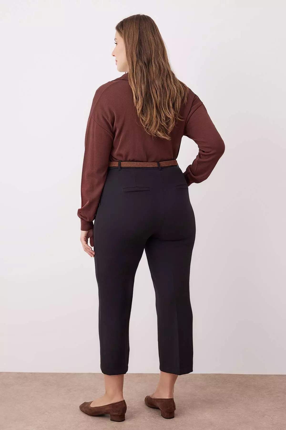 Black Normal Waist Straight Leg Plus Size Woven Trousers