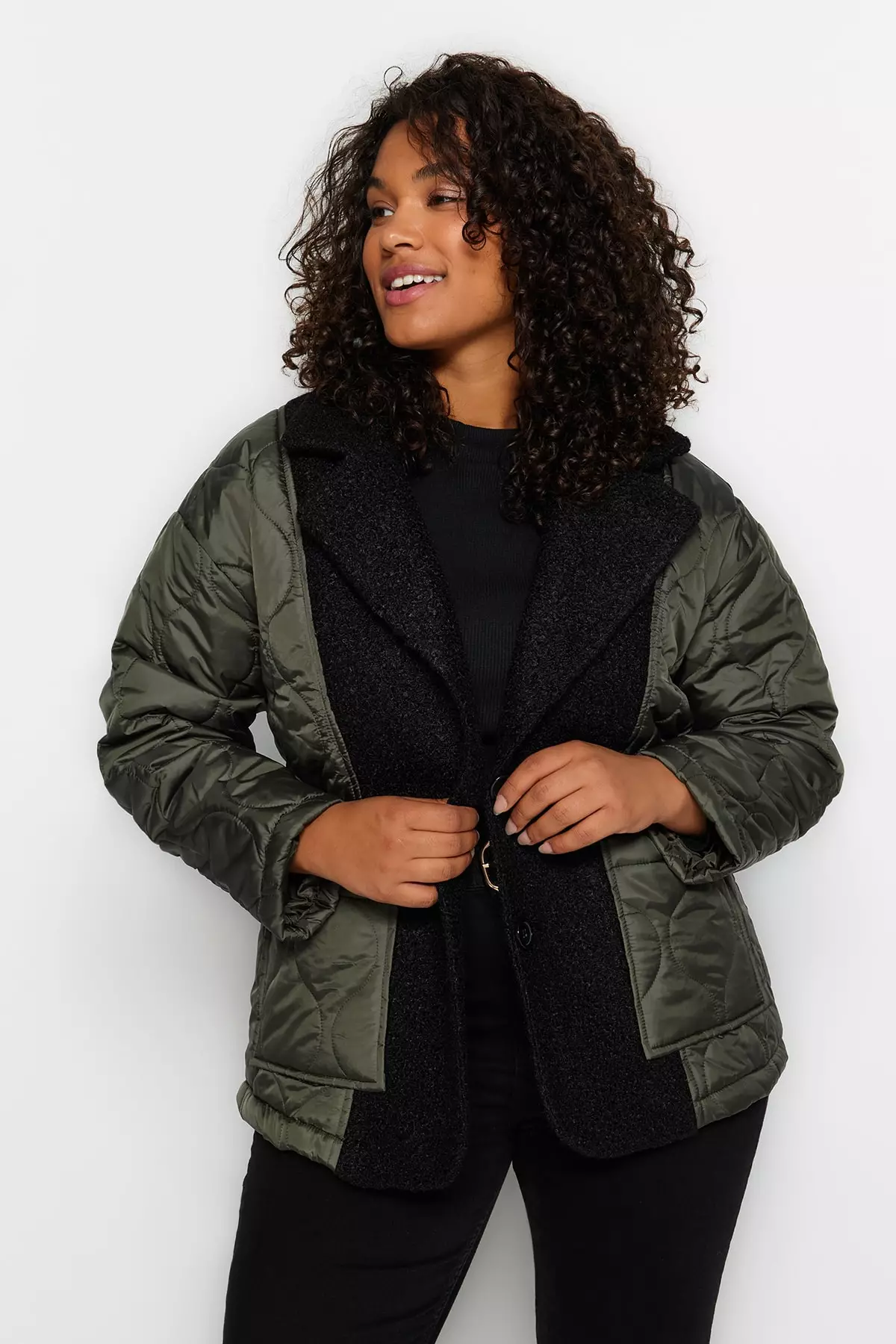 Buy Trendyol Plus Size Khaki Collar Boucle Fabric Wide Fit Coat