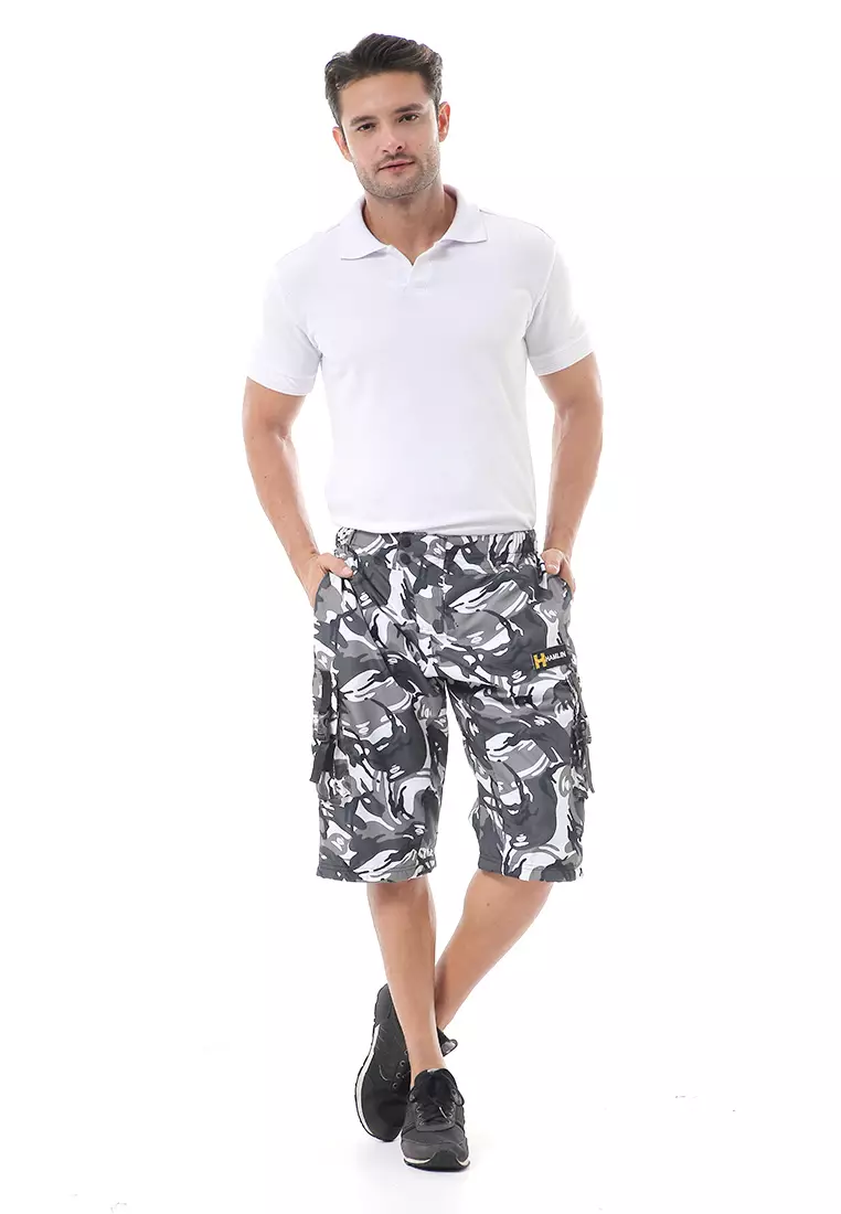 Grissham Celana Cargo Pendek Pria Short Pants Kasual Motif Loreng Material Parasut ORIGINAL - White