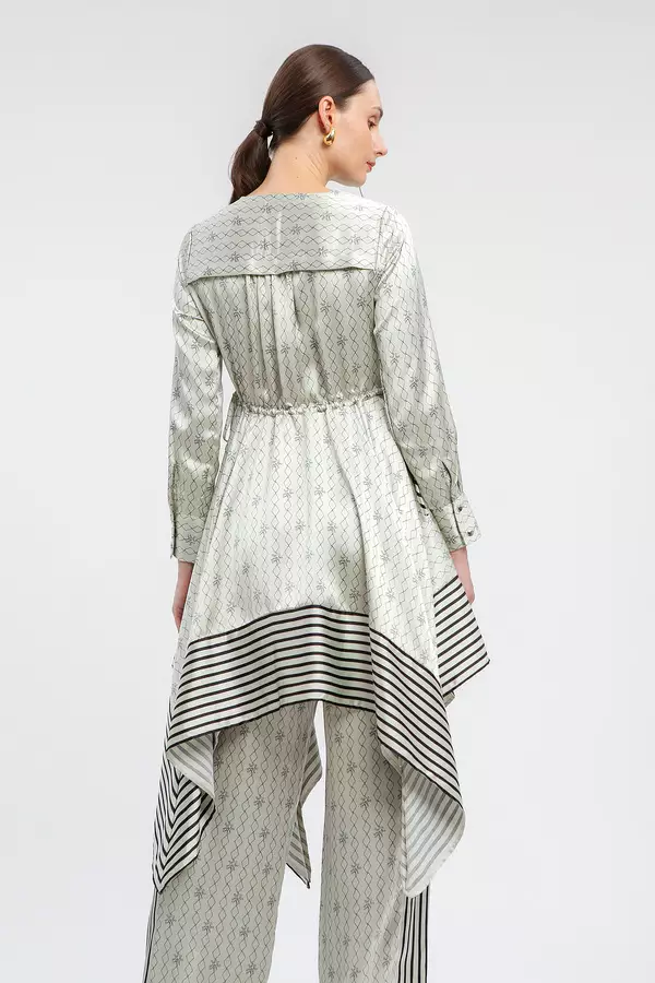 MINIMAL - Saera - Tunik Asimetris Satin Motif Geometris -Grey Warna Beige