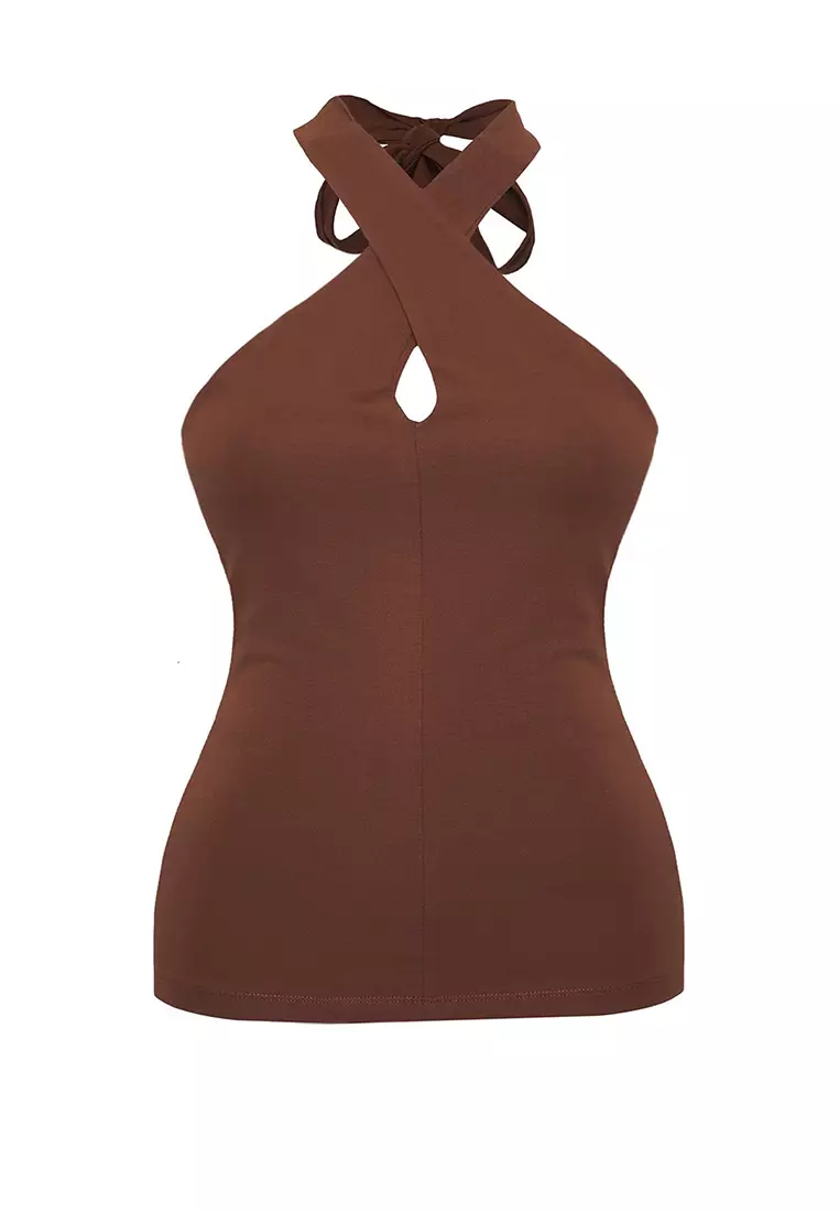 Brown Single Jersey Neck Knitting Plus Size Blouse TBBSS25AF00009