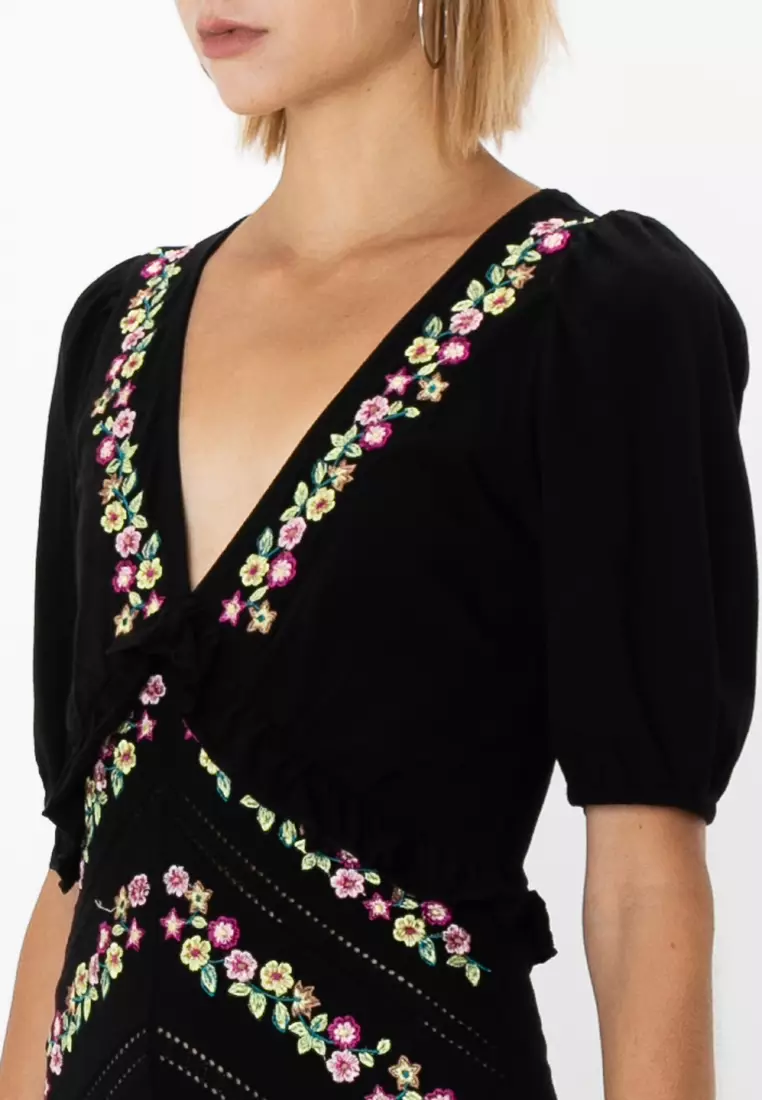 V Neck Midi Dress With Frill Detail And Embroidery