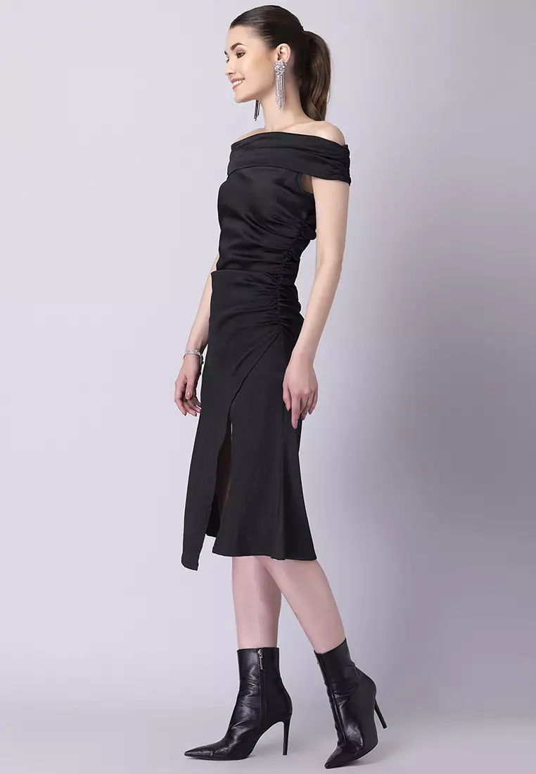 Black Off Shoulder Front Slit Dress