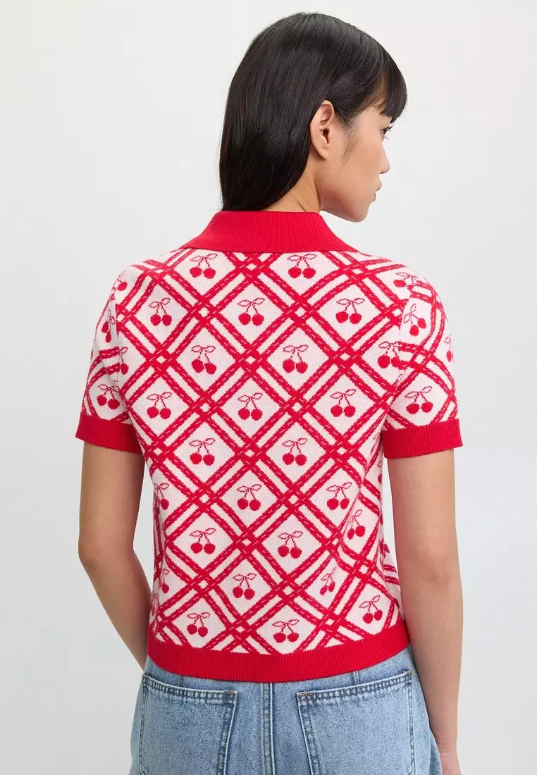 Lace Trim Buttoned Knit Top - Red