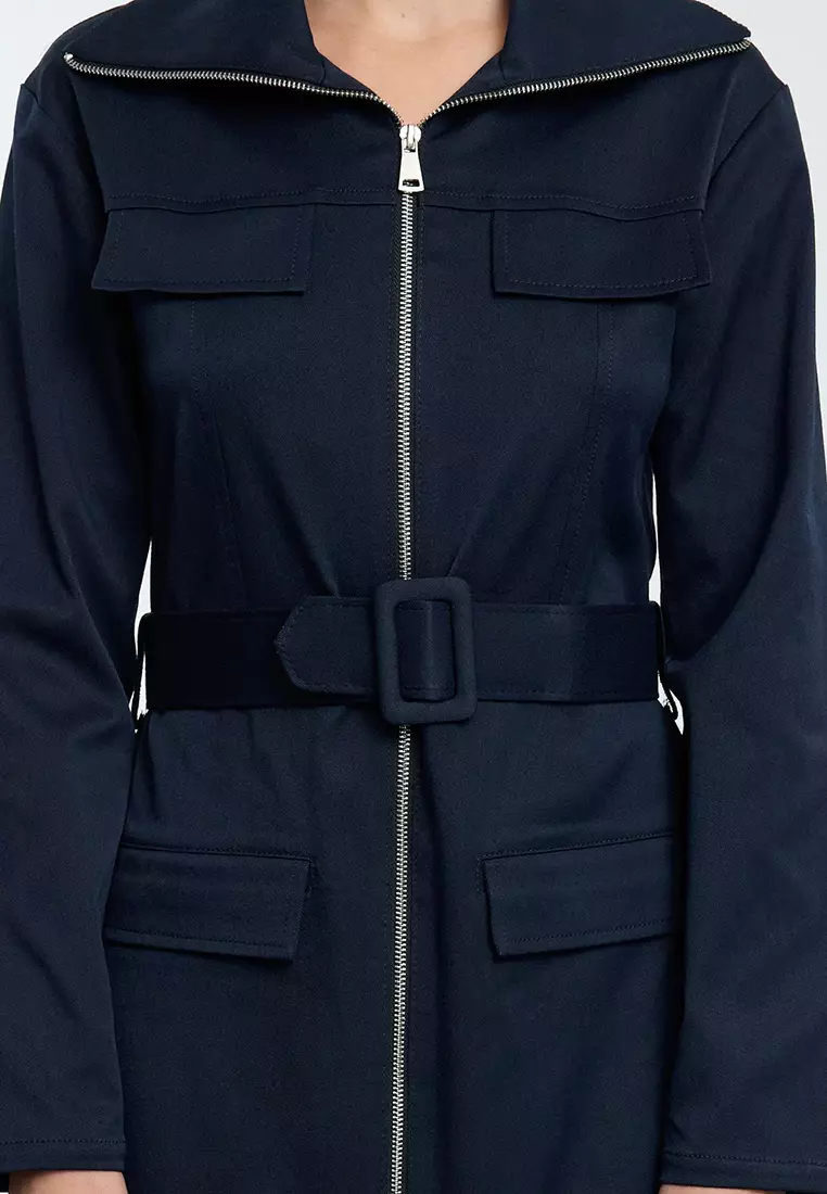Navy Blue Zippered Pocket Detail Gabardine Fabric Midi Woven Shirt Dress TWOAW25EL00261