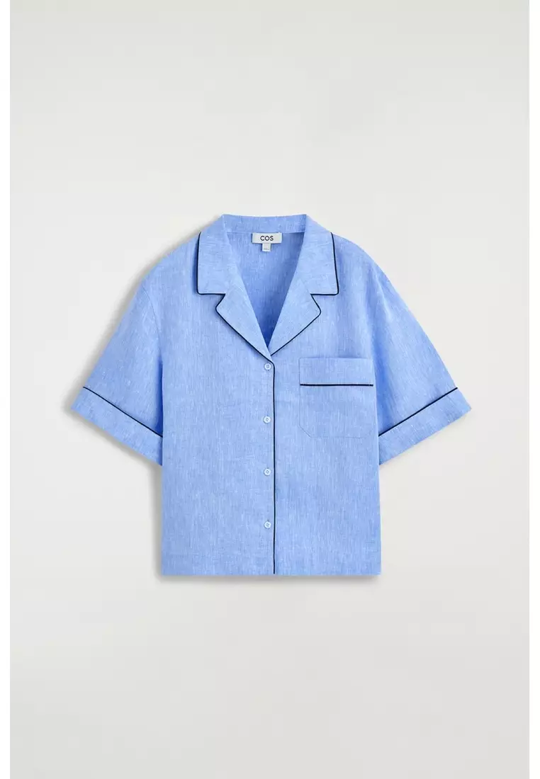 CONTRAST-PIPED LINEN RESORT SHIRT