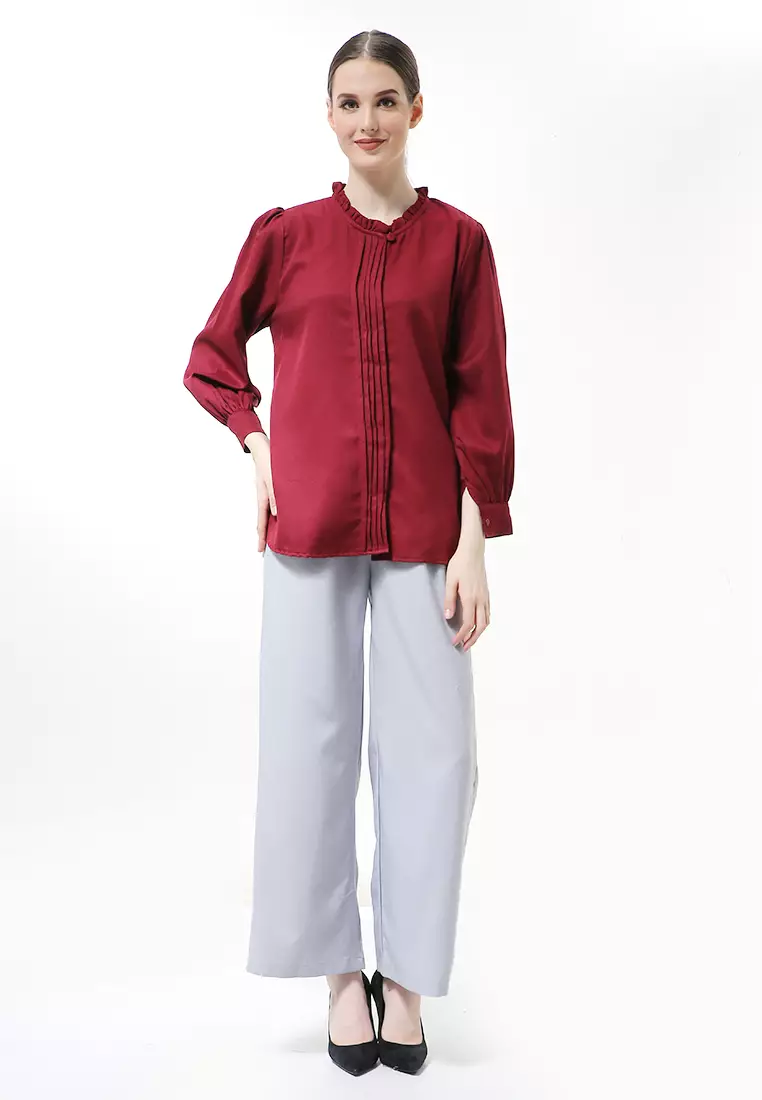 Vionka Kemeja Atasan Wanita Opnaisel Motif Polos - Maroon