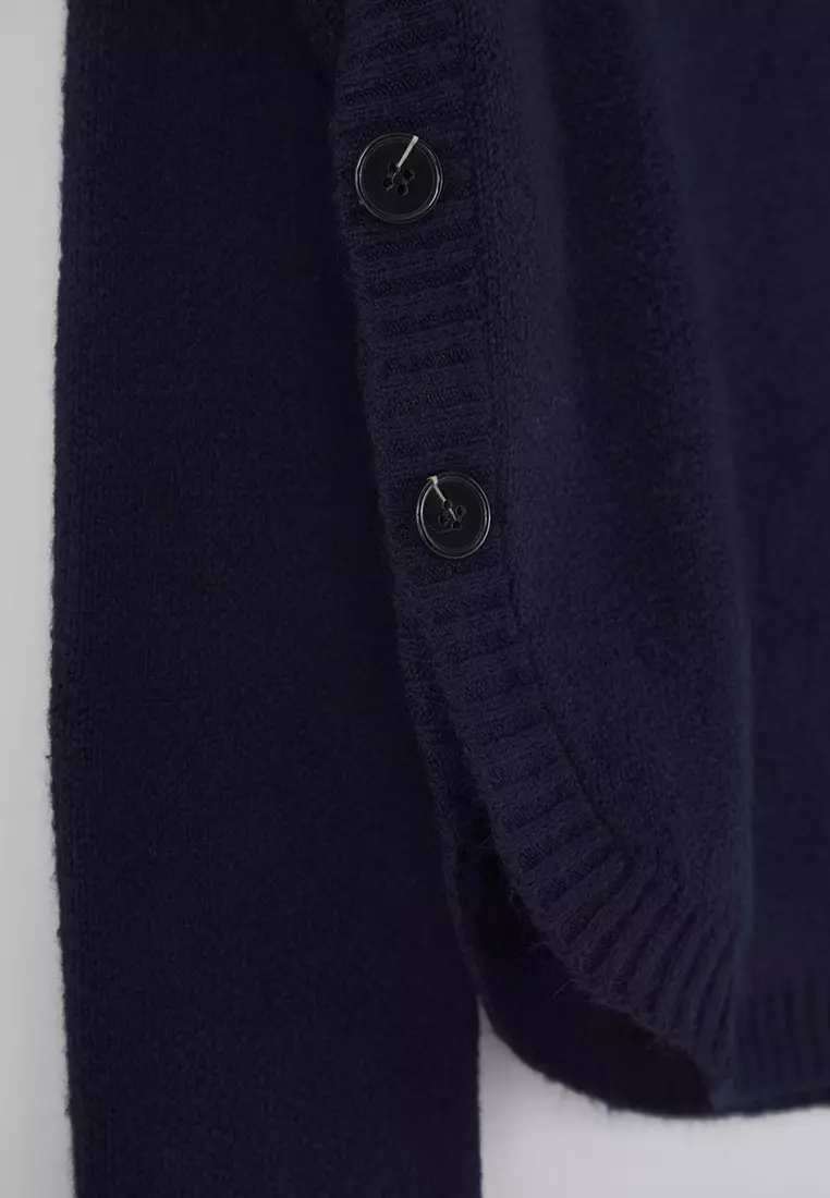 Navy Blue Wide-Cut Soft Textured Button Detailed Knitwear Sweater