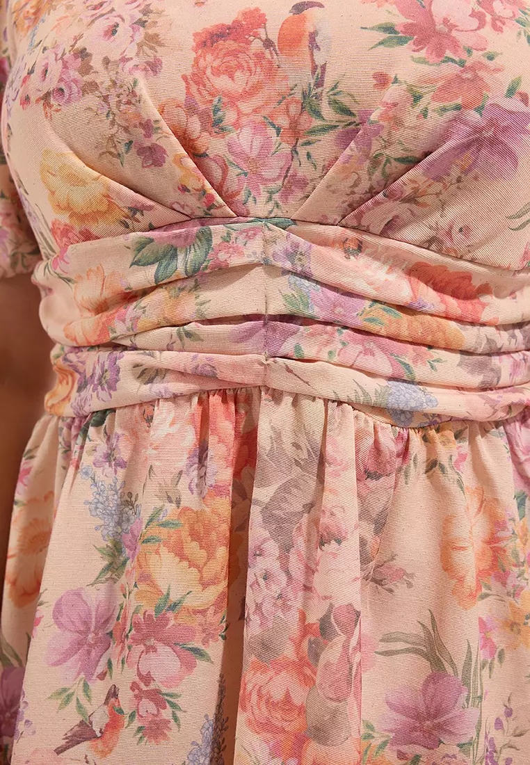 Floral V Neck Balloon Sleeve Woven Plus Size Dress Tbbss25Ah00218