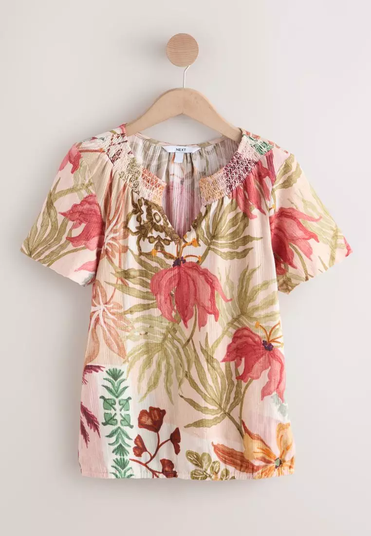 Short Sleeve Notch Neck Shirred Bubblehem T-Shirt