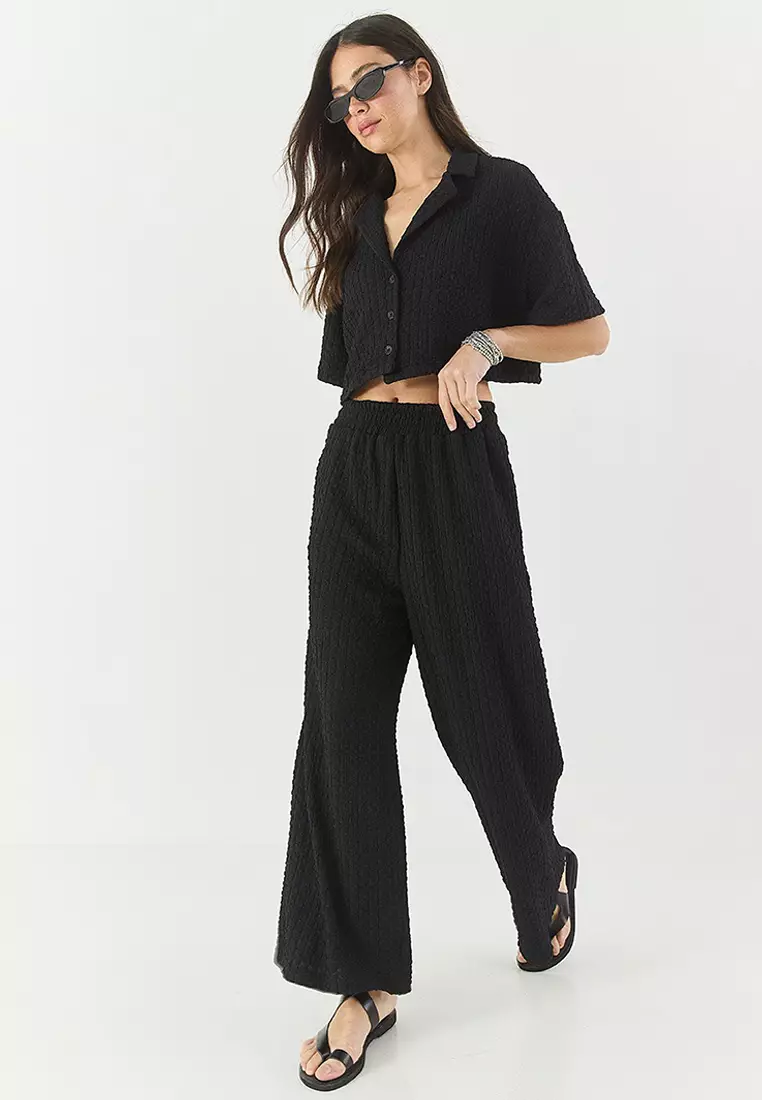 Women's Seersucker Crop Jacket Elastic Waistband High Waist Pants Top And Bottom Set 9313 60281043