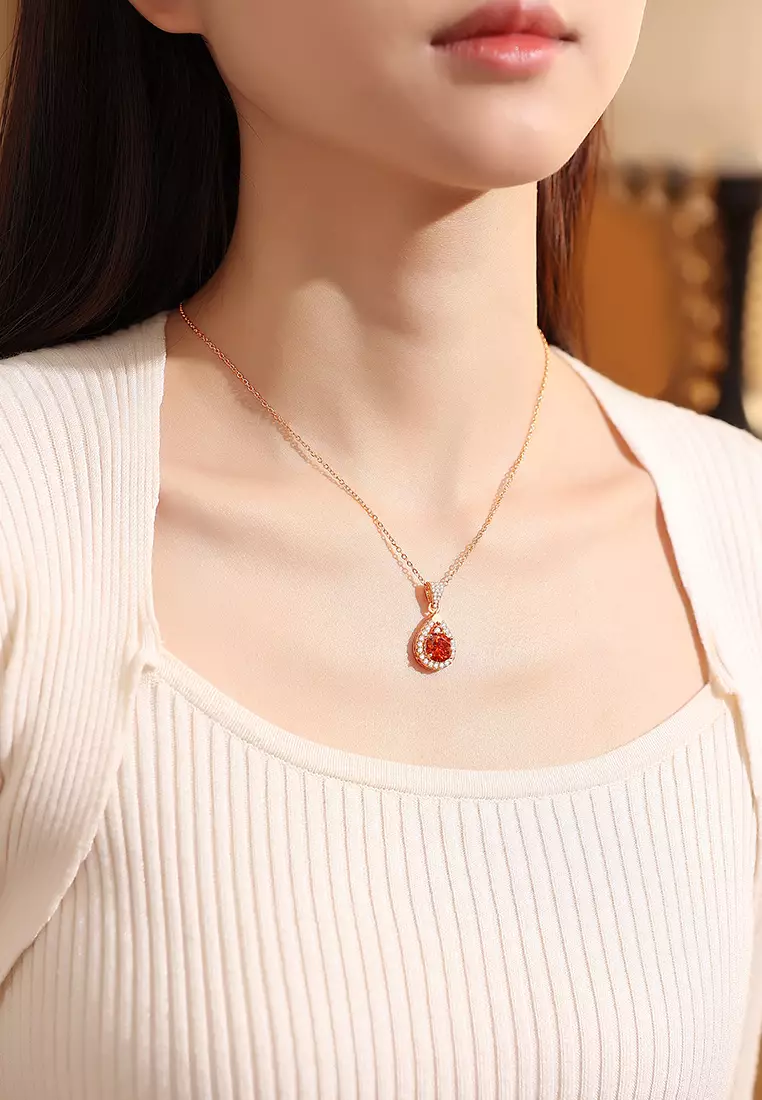 Kalung Wanita Original Korea Teardrop Red Zircon Titanium Berlian 2 Karat Dilapisi Platinum Fashion Cewek Necklaces